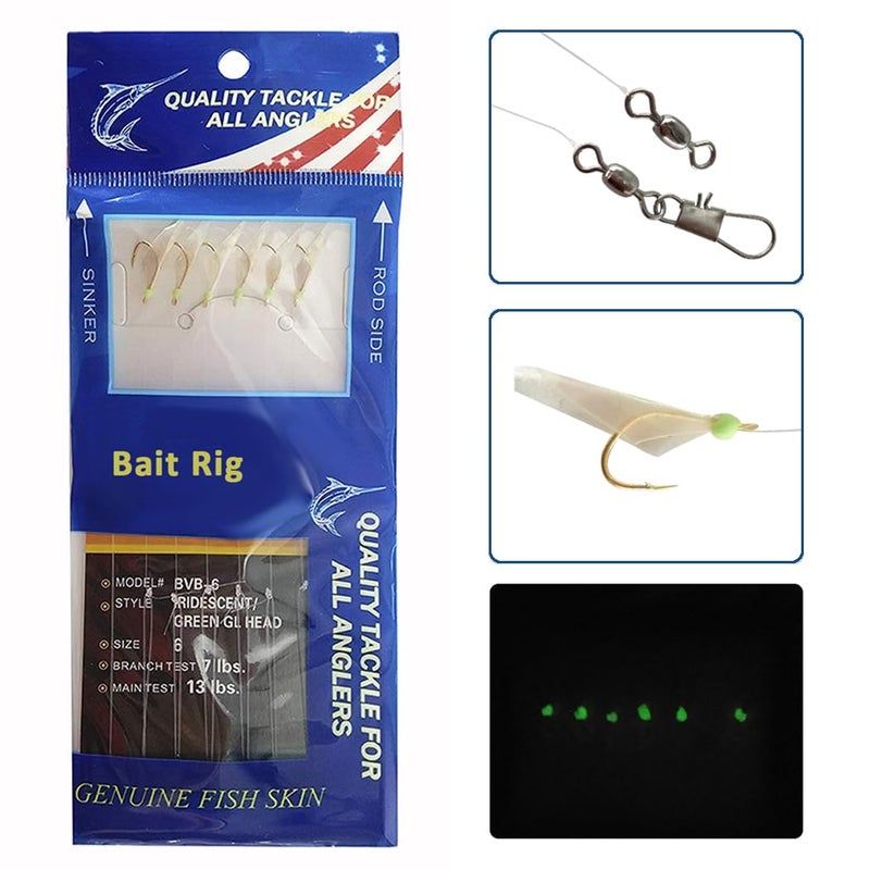 JSHANMEI Fishing Bait Rigs Set 15 Packs String Hooks Glow Lure Rig Saltwater Surf Fishing Rigs with Real Fish Skin, Sharp Hooks Swivels for Mackeral Herring Baitfish, Type B 8# - Image 3